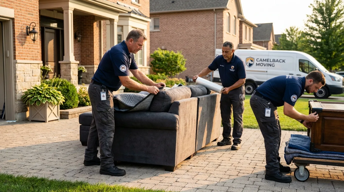 Large estate moving crew wrapping furniture in Janesville, WI
