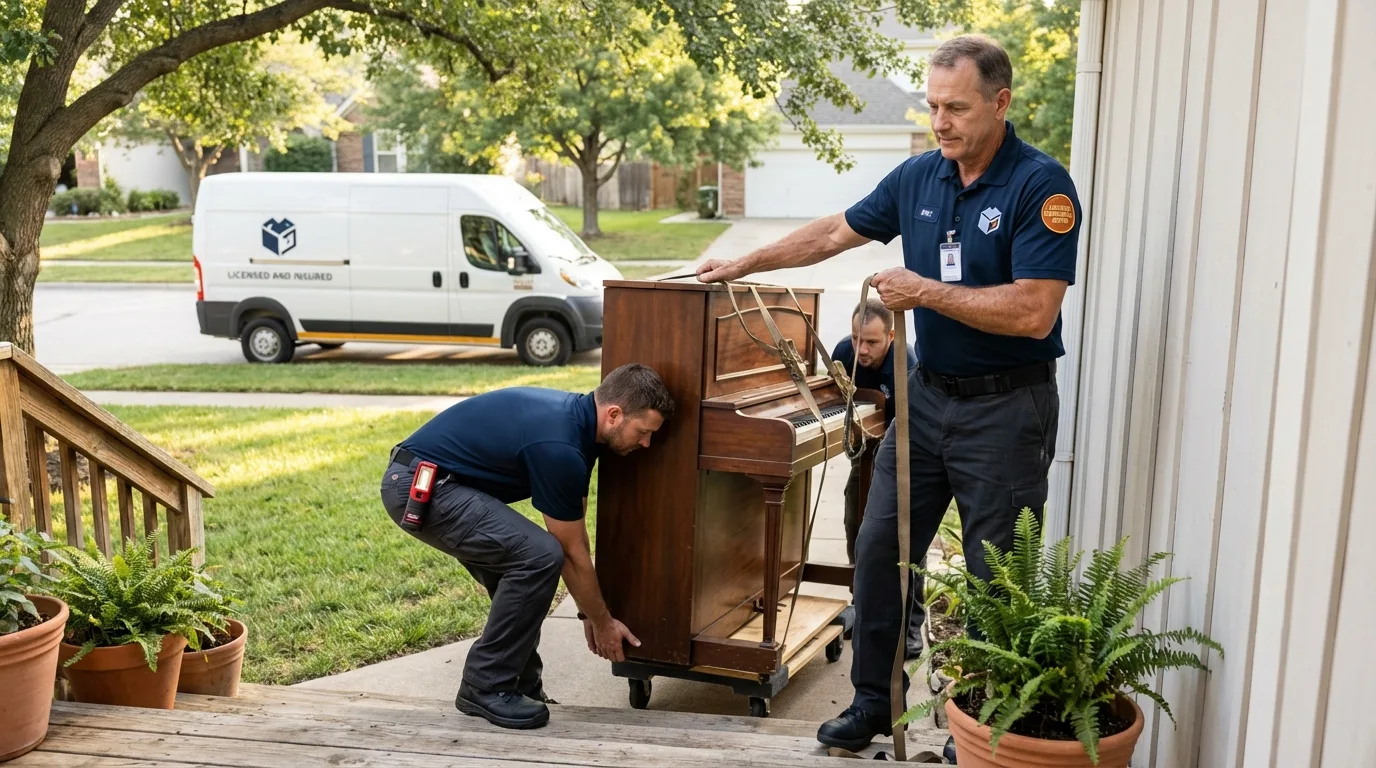 Licensed piano movers securing grand piano in Janesville, WI