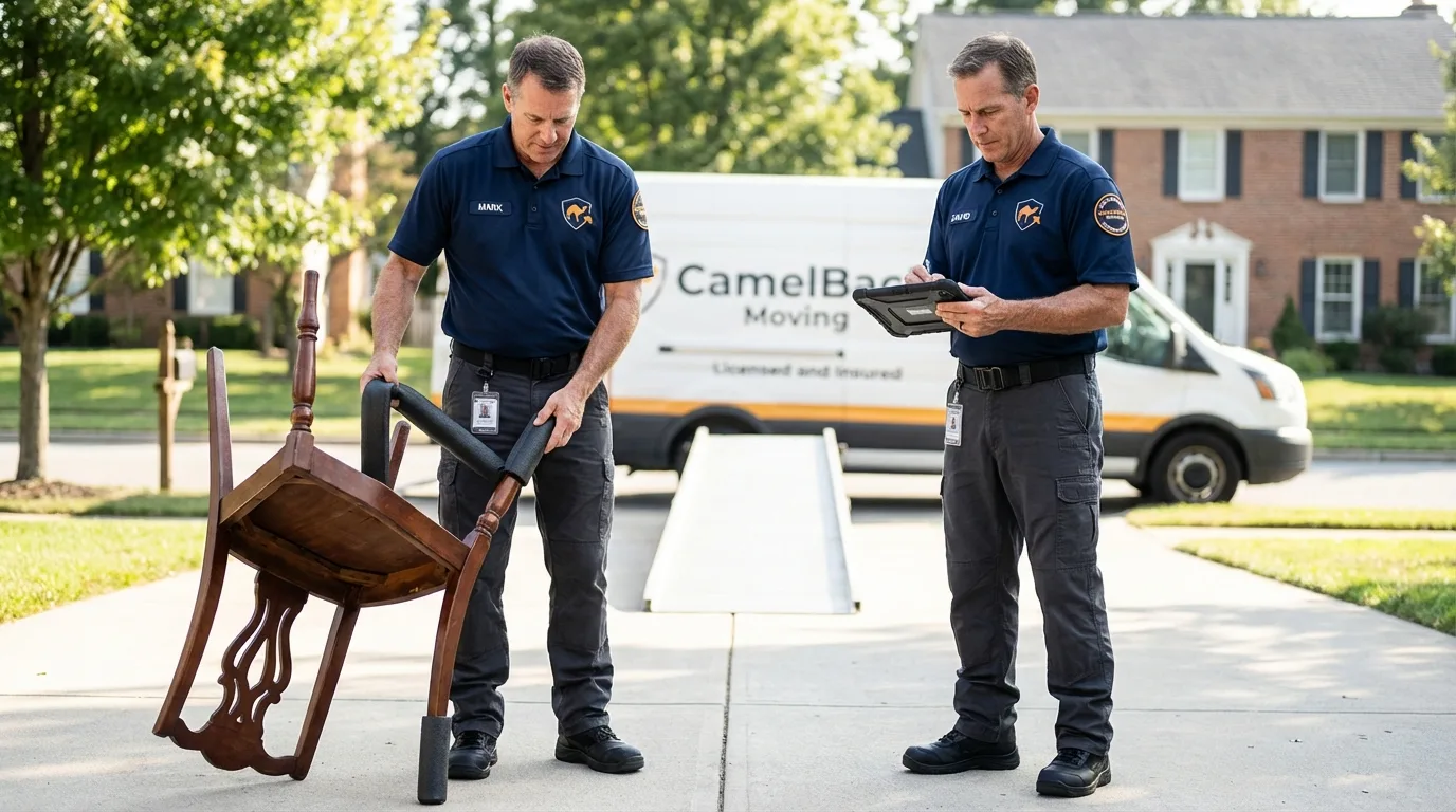 Movers inspecting furniture for damage prevention before loading in Janesville, WI