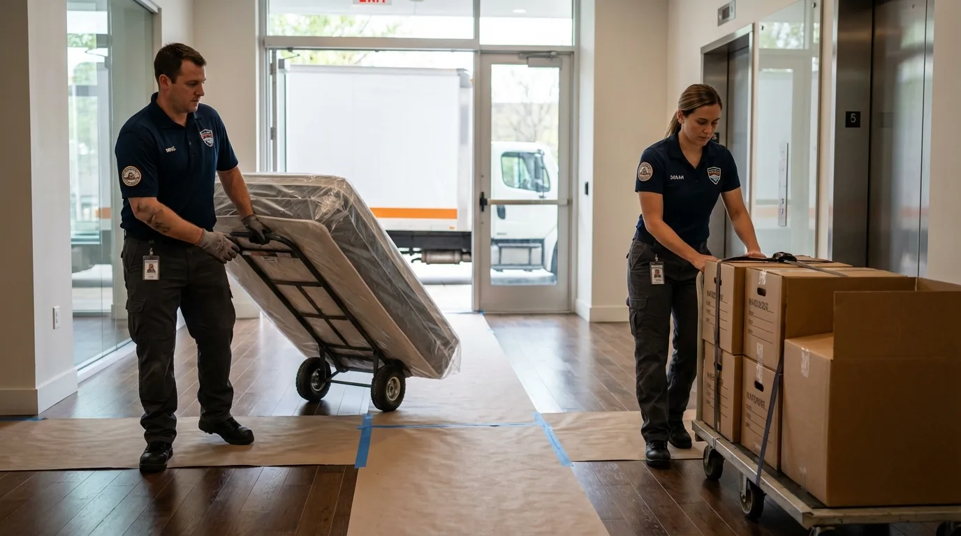 Professional apartment movers loading elevator in Janesville, WI